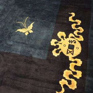 Dark high-pile rug detail with golden butterfly and coin motifs bordering a contrasting black panel.
