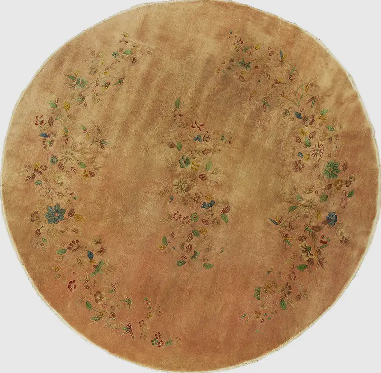 Antique Floral Chinese Art Deco Round Rug in Soft Coral