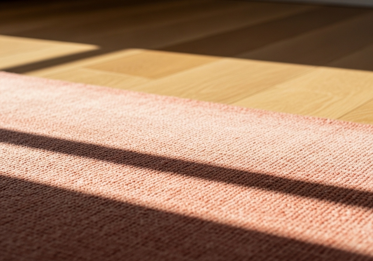 Close-up of a textured salmon pink rug runner lying on a hardwood floor, partially covered by a strong diagonal sun shadow.