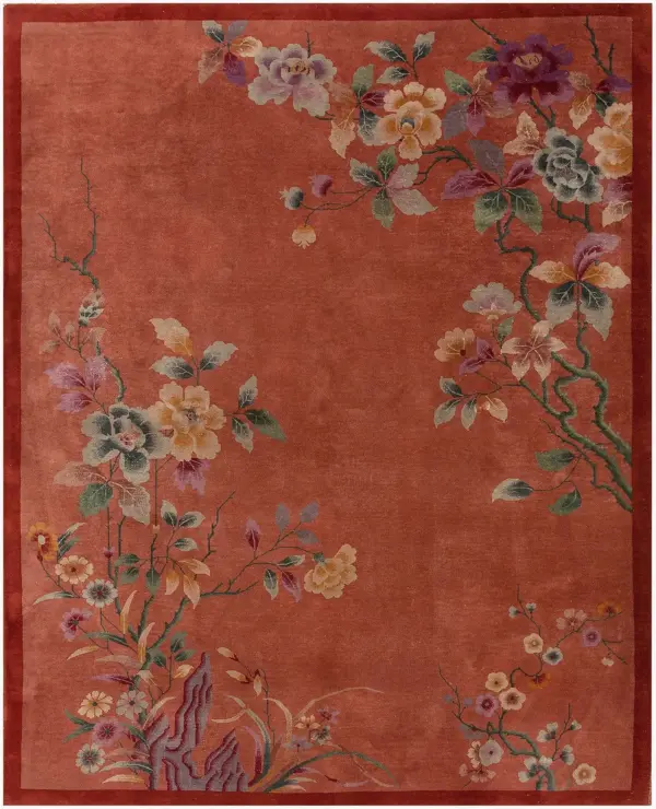 Rustic red solid open field antique art deco chinese floral area rug by rugs on net