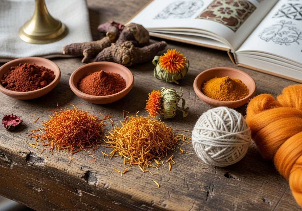 Raw natural dyes: saffron threads, turmeric powder, madder roots, and safflower petals, beside white and vibrant orange yarn.