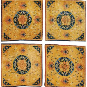 Set Of 7 Antique Small Square Yellow Gold Color Chinese Ningxia Rugs by Rugs On Net