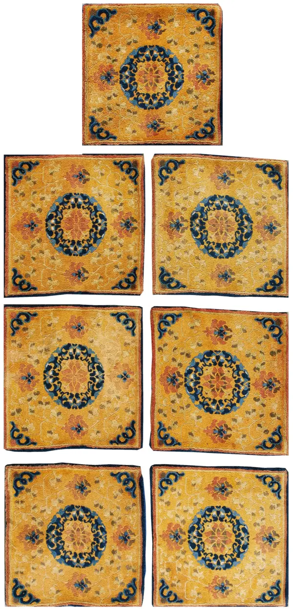 Set of 7 antique small square yellow gold color chinese ningxia rugs by rugs on net