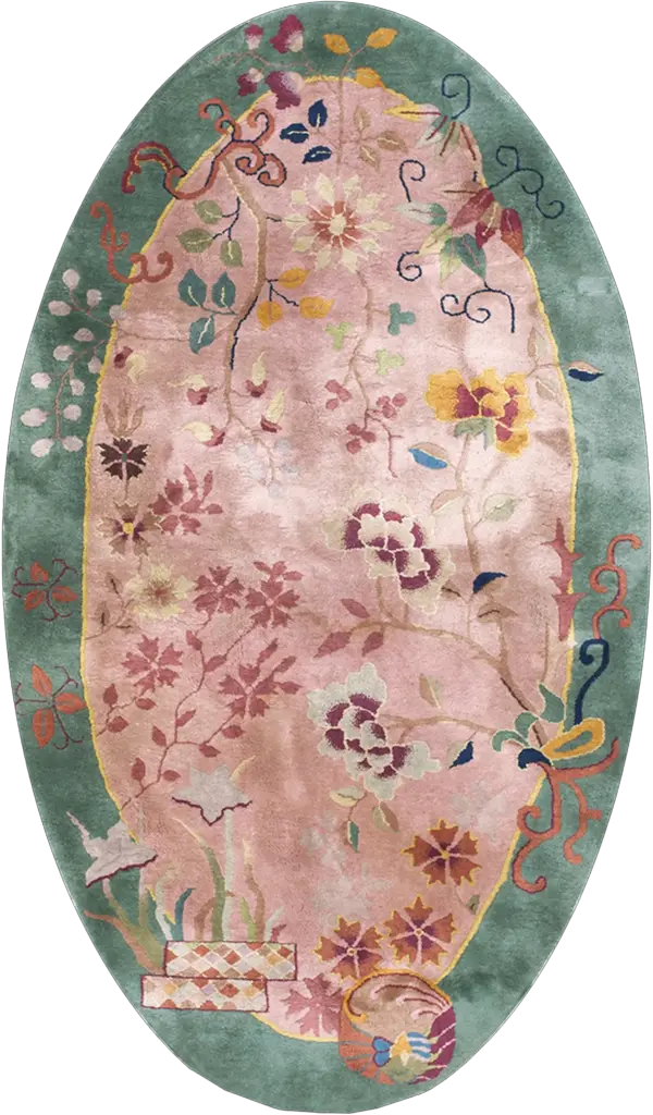 Small oval shape antique pink chinese art deco rug by rugs on net