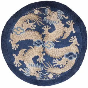 Small Round Blue Antique Chinese Cloud Band Dragon Design Wool Peking Rug by Rugs On Net
