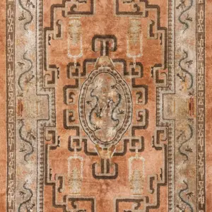 Small Rustic Coral Color Vintage Luxurious Silk Pile Chinese Dragon Rug by Rugs On Net