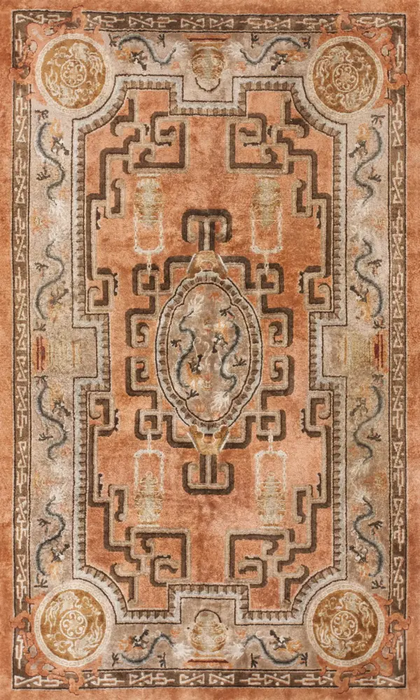 Small rustic coral color vintage luxurious silk pile chinese dragon rug by rugs on net