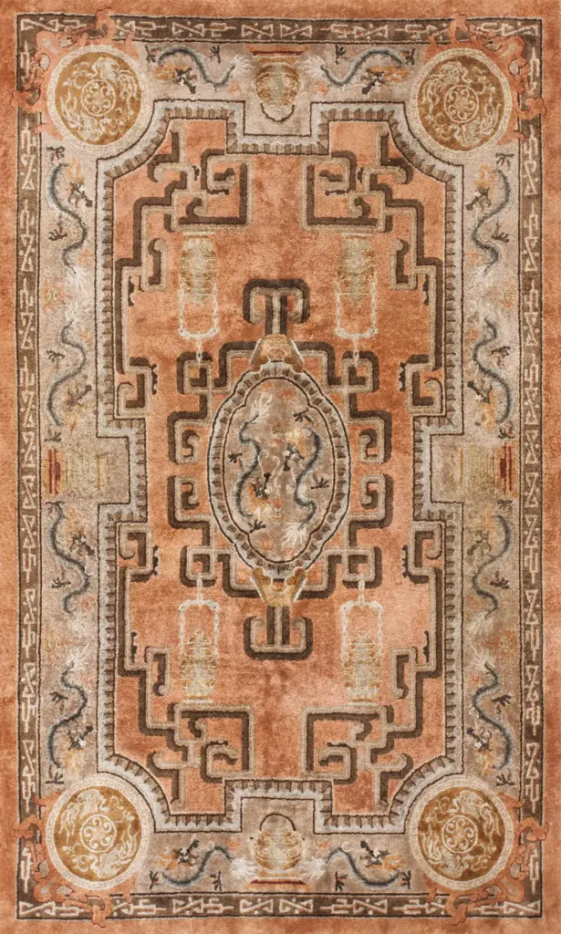 Small Rustic Coral Vintage Luxurious Silk Pile Chinese Dragon Rug
