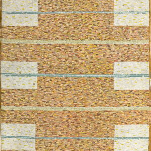 Shaggy rug with textured gold and brown horizontal stripes flanking symmetrical dotted white rectangular blocks.