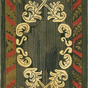 Dark gray, gold, olive, and red textured rug featuring an ornate scrolled floral medallion and striped borders.