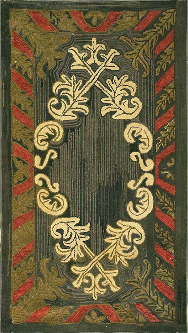 Dark gray, gold, olive, and red textured rug featuring an ornate scrolled floral medallion and striped borders.