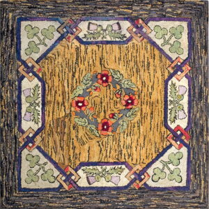 Square shaggy rug with a yellow striped center, red floral wreath, and geometric border accents.