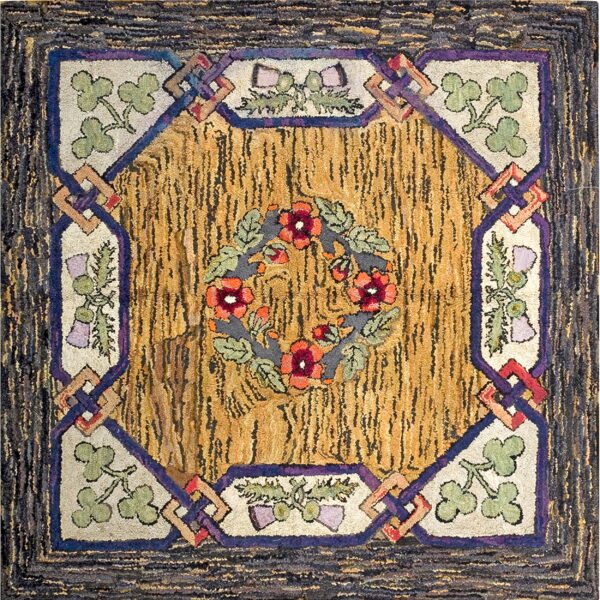 Square shaggy rug with a yellow striped center, red floral wreath, and geometric border accents.