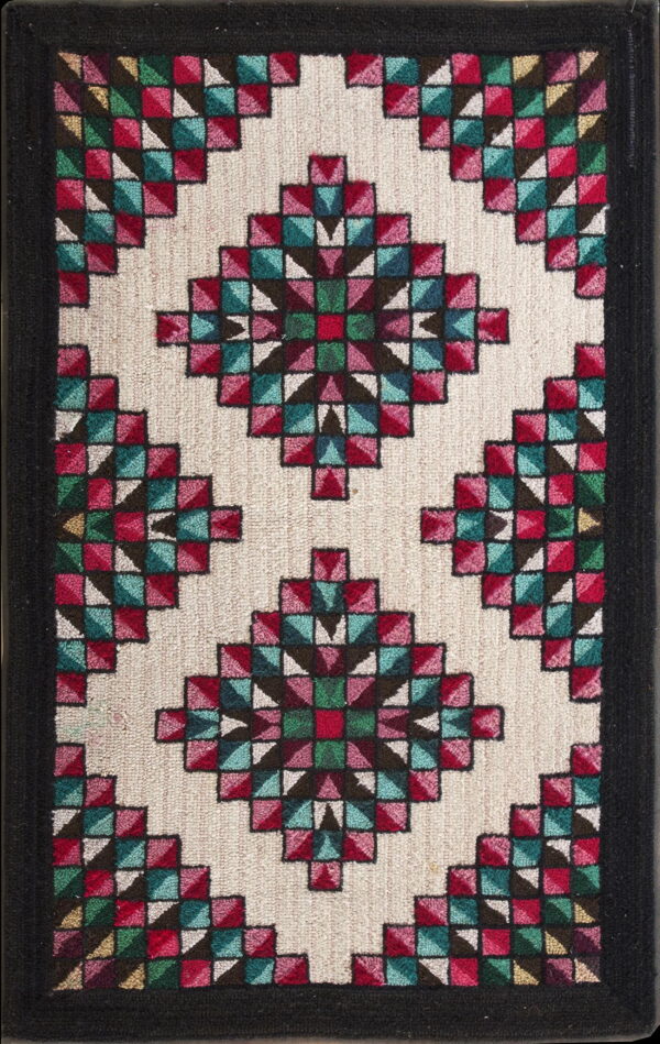 Geometric rug featuring vibrant red, teal, and green diamond shapes on a cream field with a solid black border.
