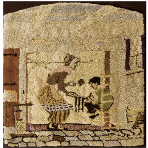 Textured hooked rug depicting a scene of a woman and child in warm cream, brown, and purple tones.