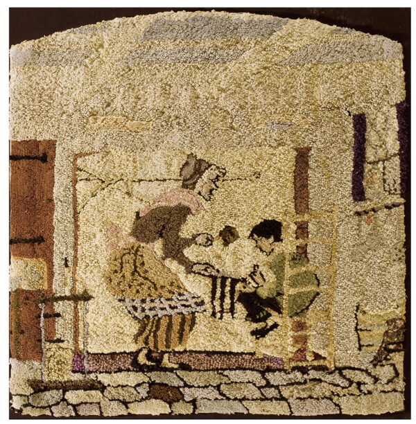 Textured hooked rug depicting a scene of a woman and child in warm cream, brown, and purple tones.