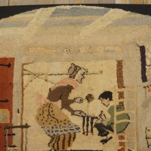 A textured, looped pile rug depicting a cream, brown, and green figural interior scene on a wooden floor.