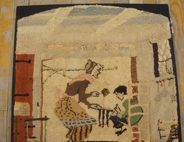 A textured, looped pile rug depicting a cream, brown, and green figural interior scene on a wooden floor.