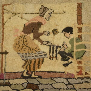Hooked rug detail shows beige and brown figures on a tan background with rust and green accents.