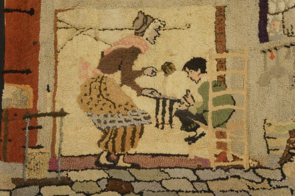 Hooked rug detail shows beige and brown figures on a tan background with rust and green accents.