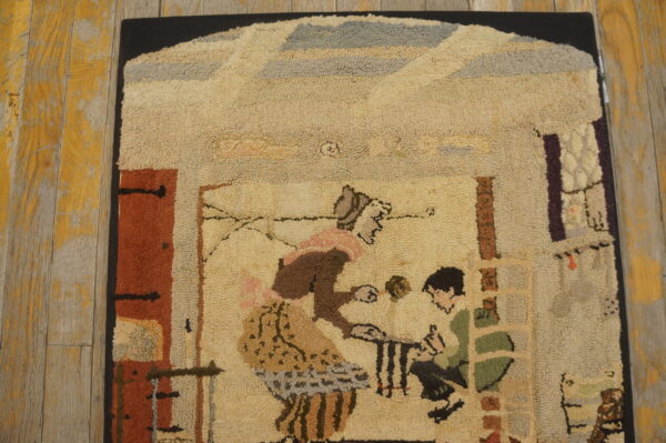 Nubby pile rug with a folk art pattern of a woman and child on rustic, distressed wood flooring.