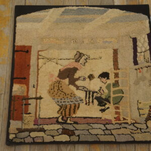 Beige, brown, and rust hook rug featuring a domestic figural scene on distressed plank flooring.