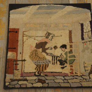 Cream and earth-toned hooked rug featuring a figural interior scene sits on distressed yellow-painted wood flooring.