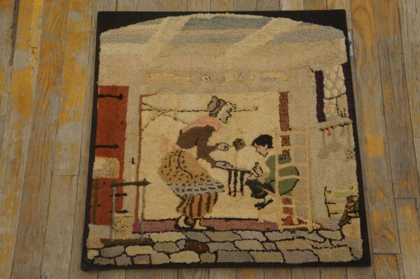 Cream and earth-toned hooked rug featuring a figural interior scene sits on distressed yellow-painted wood flooring.