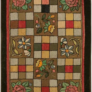 Small Scatter Size Antique Geometric Checkered Floral Pattern American Hooked Folk Art Rug by Rugs On Net