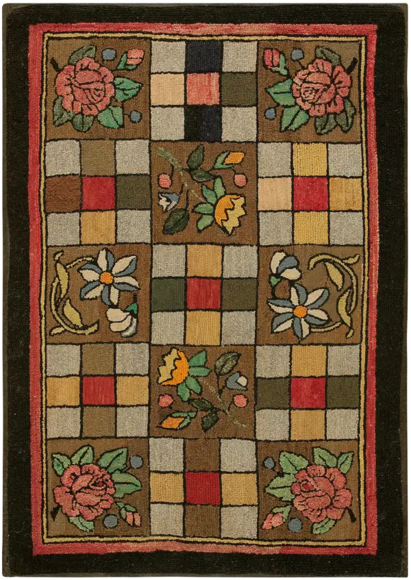 Small scatter size antique geometric checkered floral pattern american hooked folk art rug by rugs on net
