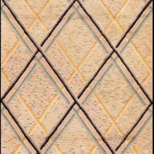 A cream textured rug featuring a dimensional, interlocking diamond pattern in black, gray, taupe, and blue.