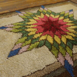 Close-up of a shaggy rug with a multi-colored star pattern on a light tan field over wood planks.