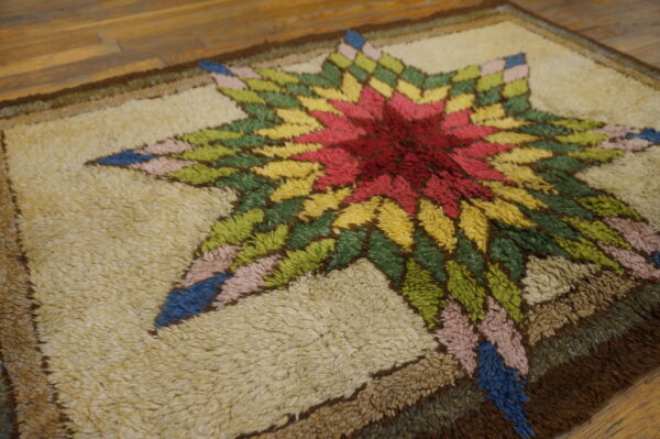 Close-up of a shaggy rug with a multi-colored star pattern on a light tan field over wood planks.