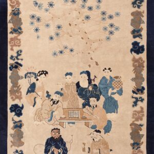 Small Scatter Size Ivory Wool Antique Knotted Chinese - Peking Rectangle 1900s Rug