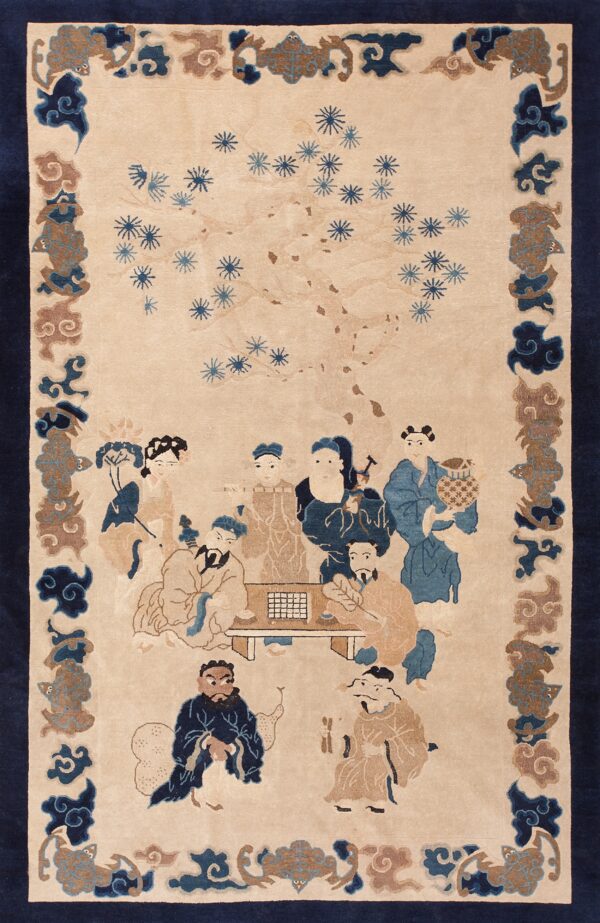 Small scatter size ivory wool antique knotted chinese - peking rectangle 1900s rug