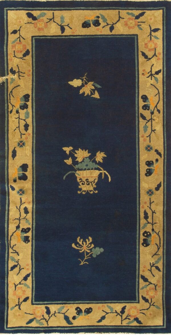 Small scatter size antique wool pile blue color chinese peking area rug