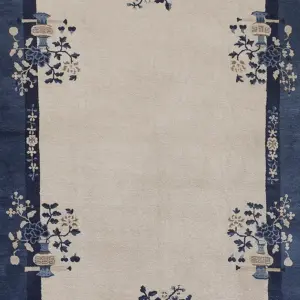 Small Solid Open Ivory Color Field Antique Peking Chinese Area Rug by Rugs On Net