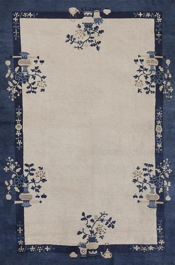 Small solid open ivory color field antique peking chinese area rug by rugs on net