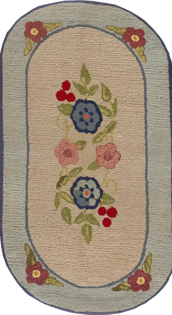 Small sweet vintage mid century floral american oval hooked folk art rug by rugs on net