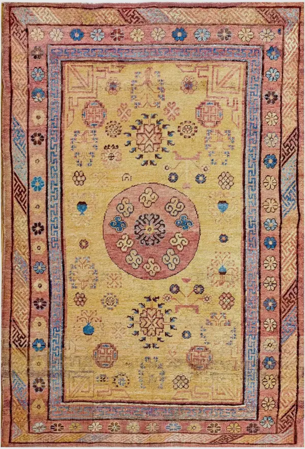 Small tribal early 19th century antique yellow gold east turkestan khotan rug by rugs on net
