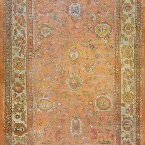 Soft Coral Color Large Scale Allover Tribal Design Antique Turkish Oushak Area Rug by Rugs On Net