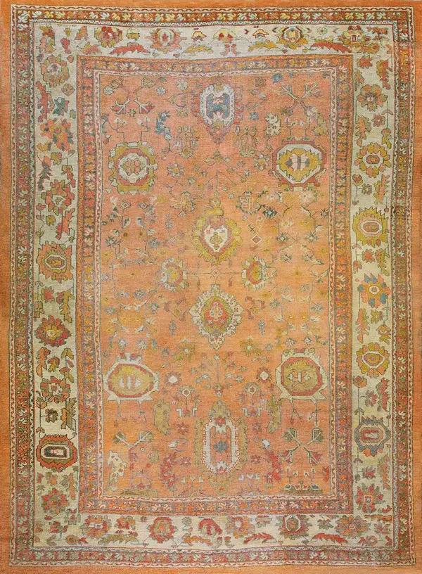 Soft coral color large scale allover tribal design antique turkish oushak area rug by rugs on net