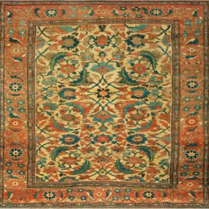Square Yellow Gold Color Antique Late 19th Century Tribal Persian Sultanabad Rug by Rugs On Net