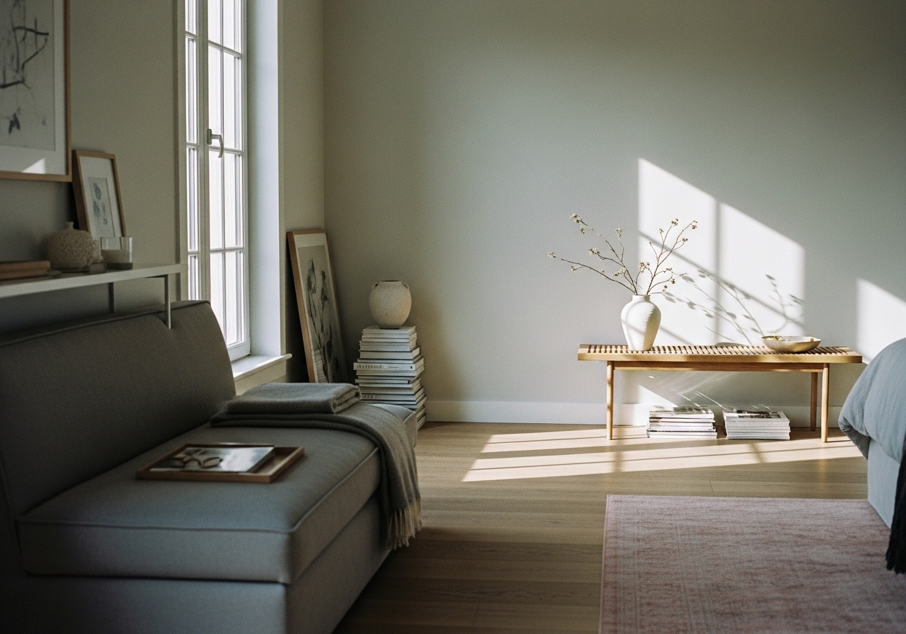 Sunlit minimalist interior featuring a gray chaise lounge, stacked books, a wooden slat bench with vases, and a light pink rug on hardwood floors.