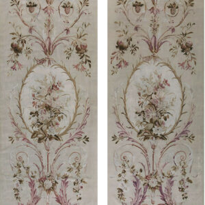 Two ornamental textile panels featuring symmetric scrollwork, bouquets, and fruit in pink, brown, and cream.