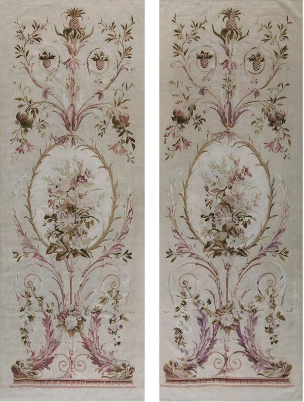 Two ornamental textile panels featuring symmetric scrollwork, bouquets, and fruit in pink, brown, and cream.