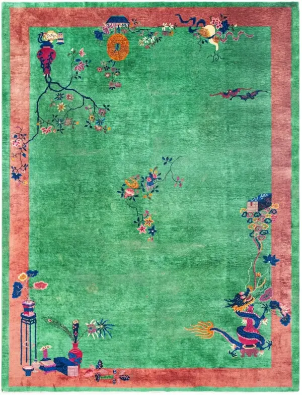 Vibrant green antique floral dragon design chinese art deco rug by rugs on net