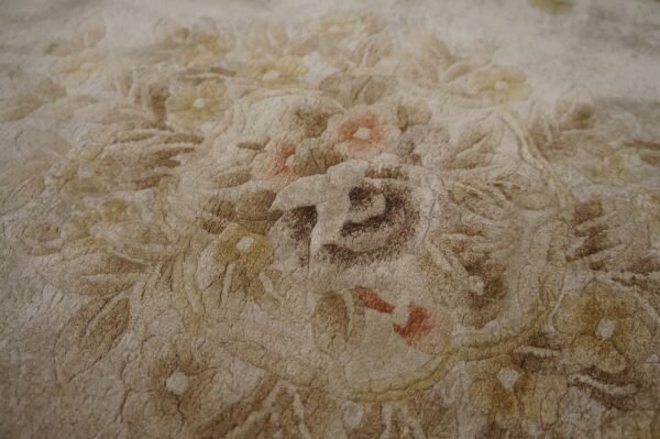 Plush beige and brown rug featuring a heavily textured floral pattern with rust and gold accents.