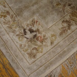 Muted beige floral rug featuring detailed carved flowers and a geometric border on wood flooring.