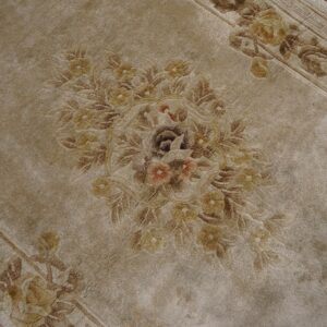 Close-up of a distressed beige and brown floral medallion rug, visible next to light wood flooring.